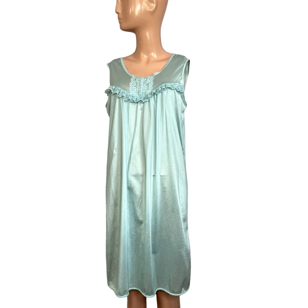 VTG 60s Handmade Blue Nylon Lace Trim Pleated Nightgown M Coquette Cottagecore - Picture 15 of 17